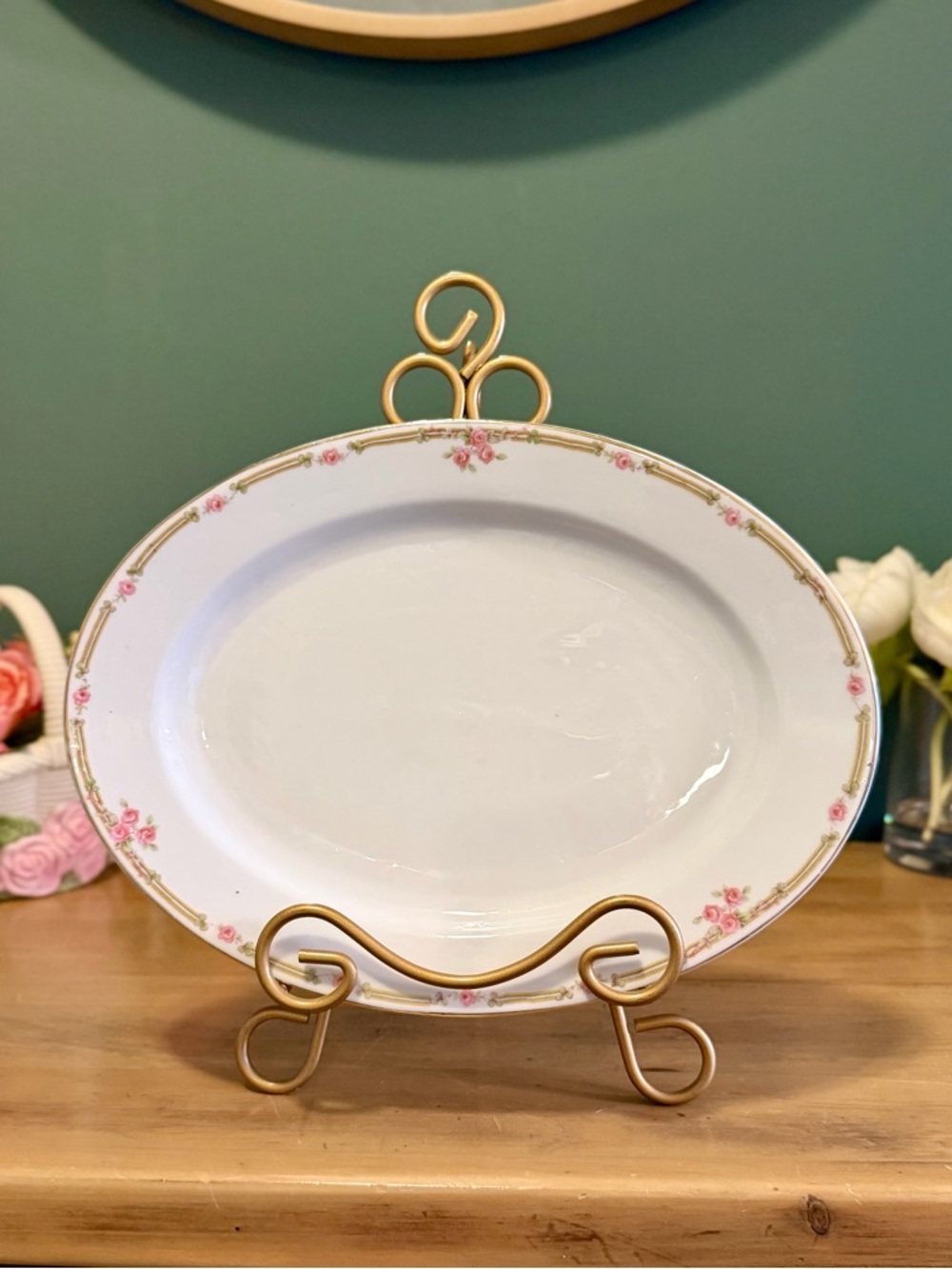 Vintage ZS & Co Bavaria Oval Serving Platter Pink Roses 15” Floral Gold